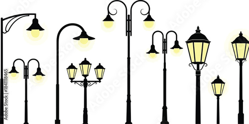 Collection of vintage style street lamps silhouettes on white background for architectural designs and cityscape illustrations with glowing light bulbs