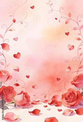 Romantic Watercolor Rose and Heart Frame Background