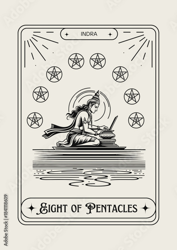 Deity Indra working on laptop Eight of Pentacles tarot vector illustration