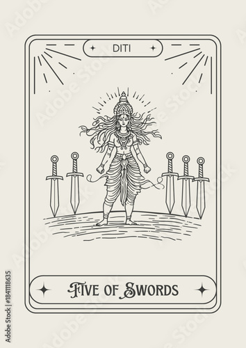 Diti Five of Swords tarot card line art vector illustration