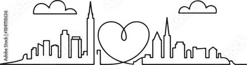 Continuous Line Art Skyline Forming Hidden Heart Shape Inside in Minimal Contour Outline Style