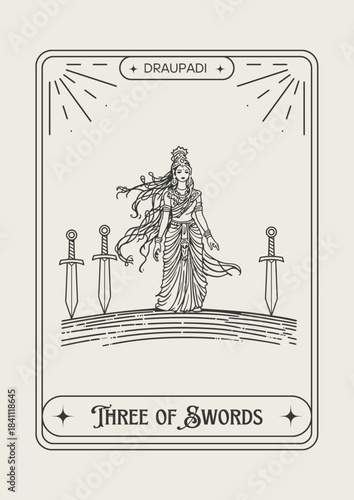 Draupadi Three of Swords tarot card line art vector