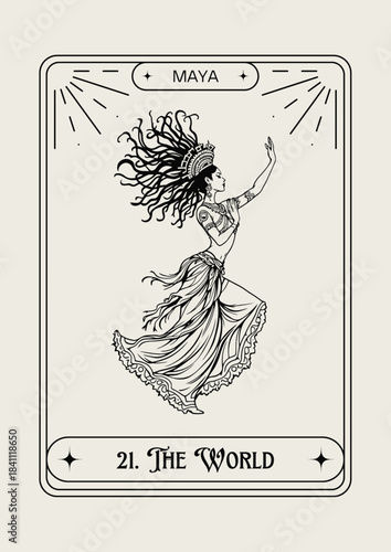Esoteric World Tarot card woman dancing line art illustration