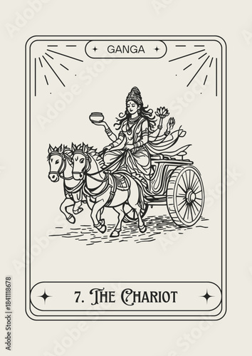 Ganga goddess riding a chariot tarot card line art illustration