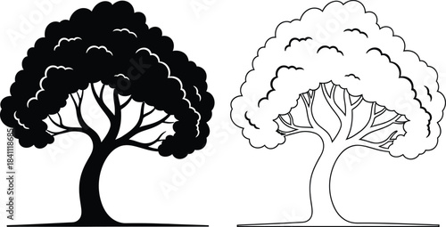 Black and white tree silhouette and outline illustration depicting nature growth and environmental concepts on a clean white background for design projects