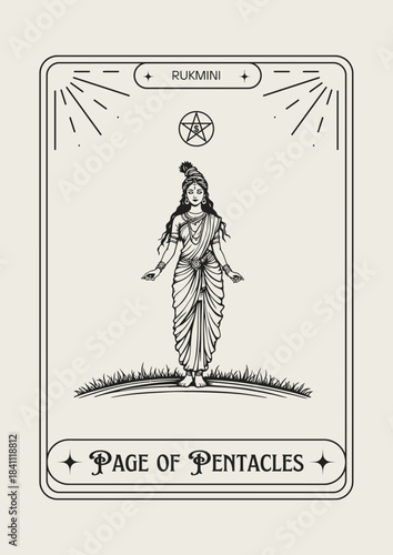 Indian Goddess Rukmini Page of Pentacles tarot card vector art