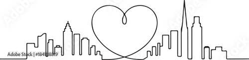 Continuous Line Art Skyline Forming a Hidden Heart Shape Inside in Minimal Contour Outline Style