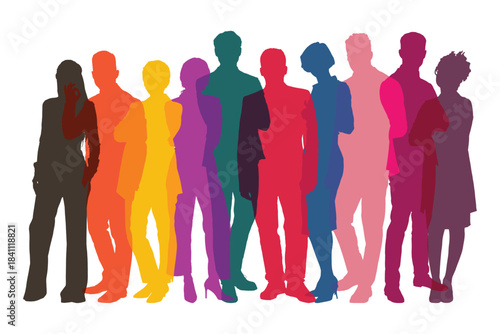 Business Team Silhouette Vector: Diverse Group of Professionals in Overlapping Vibrant Colors.