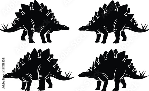 Four stegosaurus silhouettes arranged in a grid pattern against a white background ideal for educational resources or creative design projects black and white