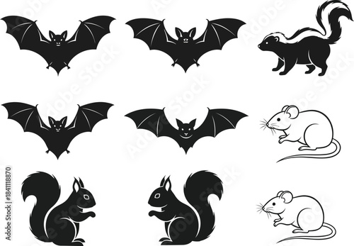 Hand drawn halloween animals silhouette collection featuring bats skunks squirrels and rats for spooky season designs and creative projects