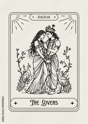 Radha Krishna embracing Lovers tarot card line art illustration