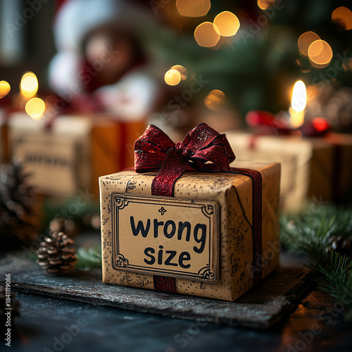 A Christmas-themed gift box wrapped in brown paper with a red ribbon and a humorous 