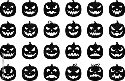 Collection of halloween pumpkin faces in black silhouette vector illustration of spooky jack o lanterns with various expressions for holiday decor