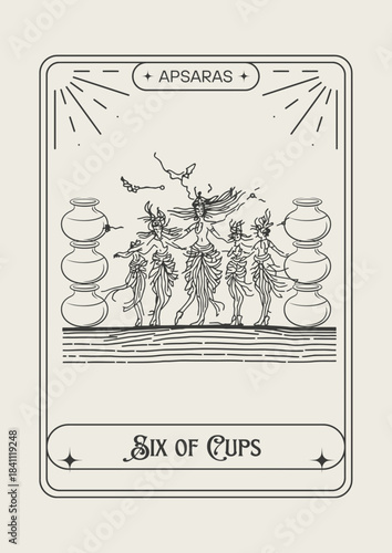 Six of Cups Apsaras tarot card vector illustration