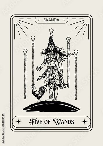 Skanda Hindu god depicted on Tarot Five of Wands vector