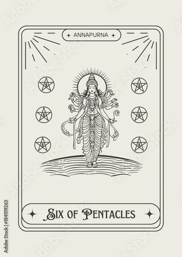 Tarot card featuring Annapurna Goddess Six of Pentacles vector illustration