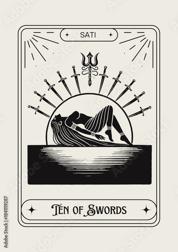 Tarot card Ten of Swords Sati monochrome vector illustration