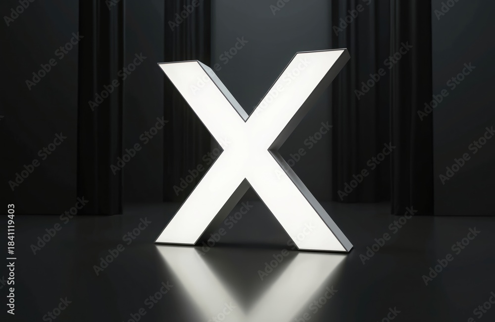 Obraz premium Large white letter X glows brightly on a dark reflective surface. Minimalist design suggests digital interaction, connection or a negative choice. Modern abstract concept for tech or design.