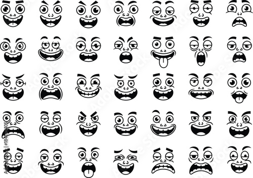 Collection of hand drawn cartoon faces expressing various emotions in a grid pattern on a white background for graphic design