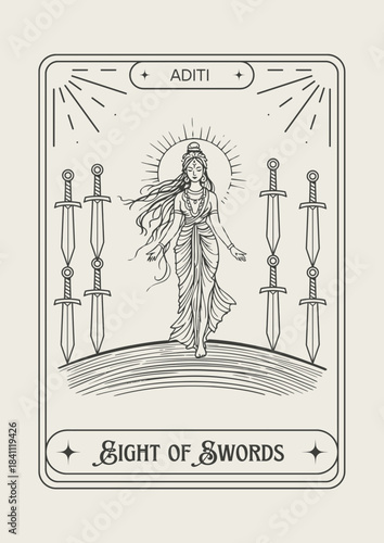 Aditi Goddess Eight of Swords tarot card line art illustration