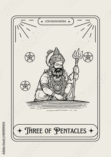 Vishwakarma Three of Pentacles Hindu deity Tarot card vector