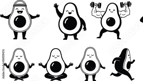 Collection of cute avocado characters in various poses including exercising meditating and waving in a black and white vector illustration