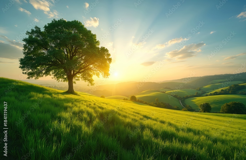 Obraz premium Green tree stands on lush grassy hill under warm sunset sky. Rolling hills and distant trees create a peaceful countryside scene. Sunlight beams through clouds casting soft shadows.