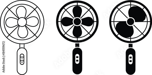 Portable electric fan icons. Includes outline, filled blade, and solid styles. Features circular blades and a handle, for cooling and air circulation designs