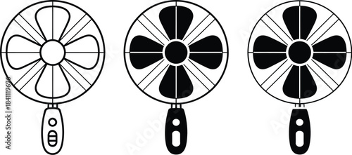 Simple illustration of three black and white electric fans with varying handle designs