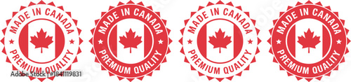 Four identical 'Made in Canada Premium Quality' circular stamps, vibrantly colored in red and white with a central maple leaf, denoting national origin and superior product standards