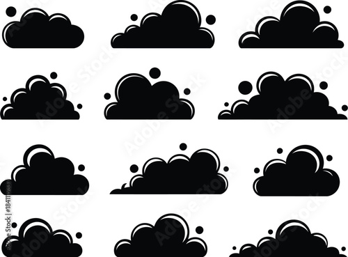 Black cloud icons and graphic elements for design projects and web applications