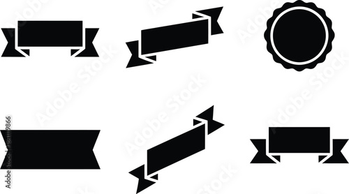 Set of six black ribbon banners, seals, and scroll elements isolated on a white background, perfect for graphic design