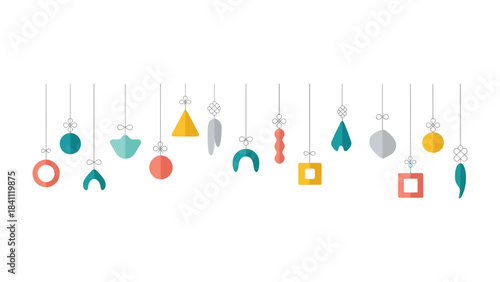 Geometric Ornaments Banner: An array of colorful geometric ornaments hangs, showcasing a palette of vibrant hues and playful shapes. It can be used for decoration.