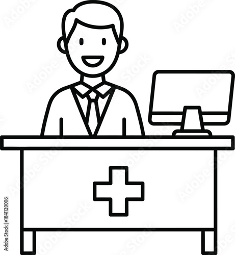 Doctor behind desk with computer and medical cross icon, representing healthcare and clinic reception, clean line art.