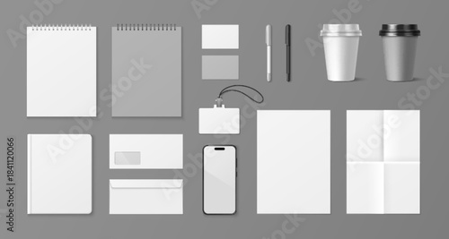 Corporate branding stationery mockup set. Vector realistic illustration of blank smartphone, spring notepad, envelope, a4 paper sheet, business card, pen, cup for company logo, brand design templates