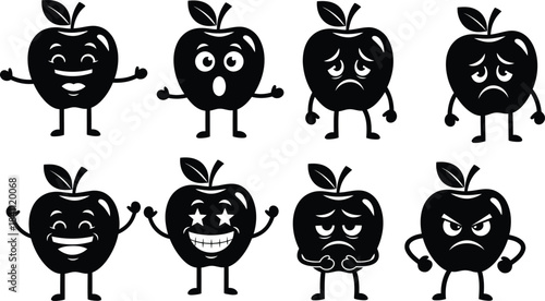 Apple character emotions a silhouetted cartoon collection of fruit with varied facial expressions conveying a range of feelings and moods in a playful style