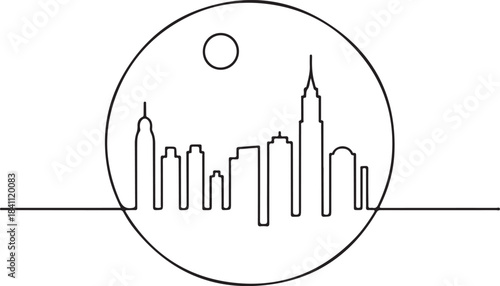 Continuous Line Art Skyline Inside Circular Frame in Minimal Contour Outline Style