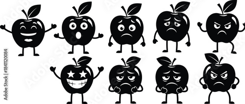 Black and white cartoon apple characters expressing various emotions in a row illustration for children s books and educational materials vector art