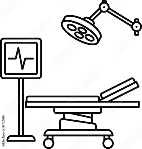 Operating room setup with examination table, medical monitor displaying ecg, and surgical lamp, line art icon.
