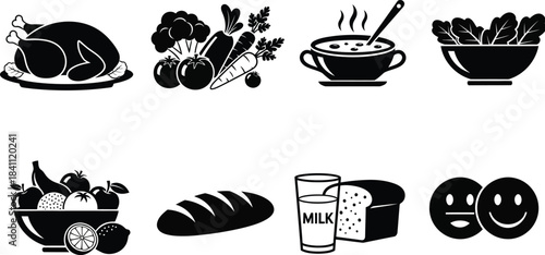 Black and white food icons representing a balanced diet and healthy eating habits for a cookbook or menu design project