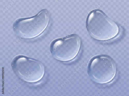 Gel texture smears with transparent water droplets on blue background. Clear serum puddles and bubbles for cosmetic skincare illustration. Realistic gel blobs with glossy surface and moisture effect.