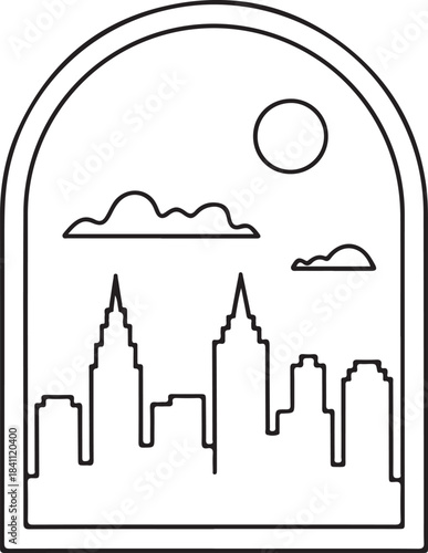Continuous Line Art Skyline Inside Minimal Arch Window Frame in Simple Contour Outline Style