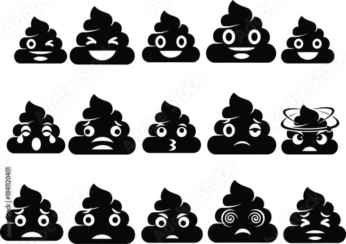 Collection of black poop emoji icons with various facial expressions isolated on white background for digital communication and social media