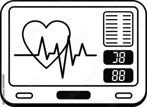 Electrocardiogram monitor display showing heartbeat waveform and numerical vital signs, isolated graphic.
