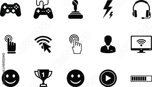 Black and white icon set representing gaming technology and user interface elements for digital platforms and applications clean and minimalist design