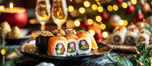 Japanese rolls and sushi on a festive table with Christmas decorations in the background