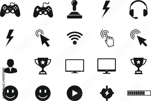 Collection of black and white gaming icons representing various aspects of video games and online interaction in a simple vector style