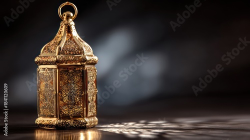 Close up of ornate golden lantern resting on reflective glass producing patterns of light across a clean black