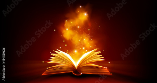 Magic book with glowing light and sparkles on dark background. Realistic open book with bright rays and fairy dust particles. Mystical tome with shining pages and fantasy magical glow effect.