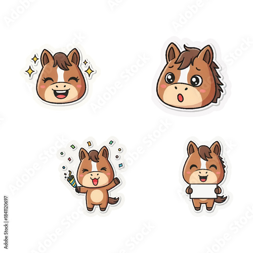 Cute Horse Character Emotions Sticker Set. Kawaii Brown Pony with Various Expressions: Happy, Surprised, Celebrating, and Holding 2026 Sign. Isolated Die-cut with White Border.